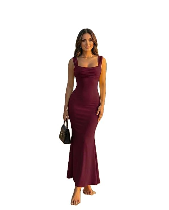 Wonder Women's Satin Bodycon Maxi Dress with Square Neck